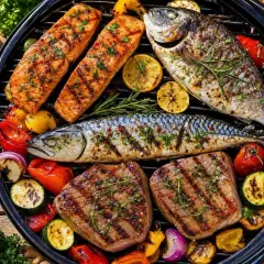 Poisson, saumon et steaks grillés sur un barbecue, accompagnés de légumes et d'une sauce verte. Une parfaite marinade poisson barbecue pour un repas estival.