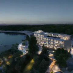 Nowoczesny hotel nad jeziorem, z tarasami i oświetloną ścieżką. Nysa trasa zaprasza do relaksu.