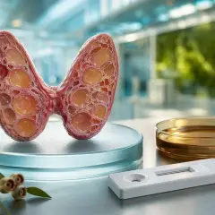 Przekrój tarczycy, gdzie widoczne są pęcherzyki wypełnione płynem. Obok leży test diagnostyczny, sugerujący badanie poziomu tyreoglobuliny.
