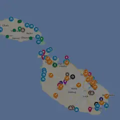 Mapa de Malta con marcadores de puntos de interés. Muestra dónde queda Malta, con ciudades como Victoria, Nadur y Luqa.