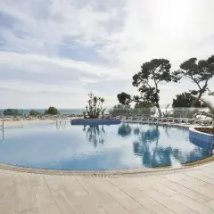 Basen przy hotelu Best Negresco, z leżakami i palmami, w tle morze i błękitne niebo.