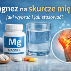 Magnez na skurcze mięśni: butelka z magnezem, tabletki, szklanka wody i obrazek bolącej nogi.