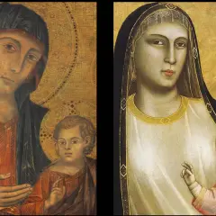 Two Madonnas with child, painted in the style of modern Renaissance art, with gold halos and intricate patterns.