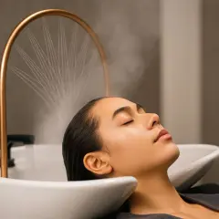 Mujer disfrutando de un tratamiento de spa para el pelo con vapor, relajándose en un lavacabezas.
