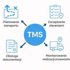 Schemat TMS: planowanie transportu, zarządzanie zleceniami, monitorowanie realizacji przewozów i obsługa dokumentacji. Idealne dla osoby zarządzającej transportem.