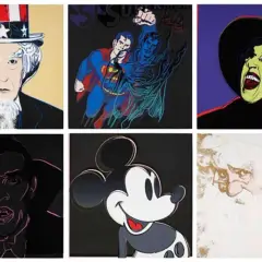 A collage of pop art portraits, including female figures in vibrant colors, reminiscent of works by female pop art artists.