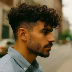Un homme au regard pensif arbore des cheveux ondulés courts, avec un dégradé soigné sur les côtés.