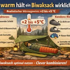 Ein Biwaksack schützt vor Kälte und Nässe. Die Grafik zeigt, wie man ihn optimal nutzt, um die Wärme zu maximieren und Kondenswasser zu vermeiden.