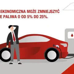 Mężczyzna przy czerwonym samochodzie na stacji paliw. Ekonomiczna jazda samochodem to oszczędność paliwa. Logo Generali.