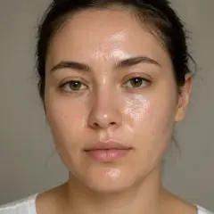 Błyszcząca cera z widocznym sebum, podkreślająca naturalne piękno.