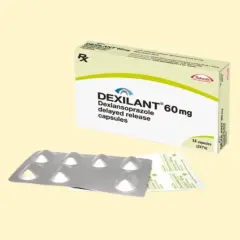 Opakowanie leku Dexilant 60 mg, zawierające 14 kapsułek o opóźnionym uwalnianiu, oraz blister z lekami.