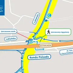 Mapa tymczasowych objazdów w Krakowie: rondo, estakada, tymczasowy ciąg pieszy. Aktualne remonty dróg w Krakowie wpływają na ruch.