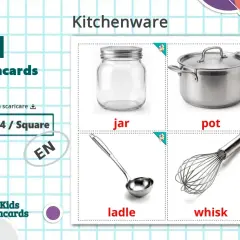 Flashcards di "Kitchenware" con barattolo (jar), pentola (pot), mestolo (ladle) e frusta (whisk) in inglese.