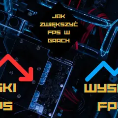 Jak zwiększyć FPS w grach? Termometr pokazuje niski FPS (czerwona strzałka w dół) i wysoki FPS (niebieska strzałka w górę) na tle podzespołów komputera.