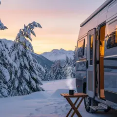Zimowy polski caravaning. Kamper w śniegu, gorąca kawa na stoliku, zaśnieżone drzewa i góry o zachodzie słońca.