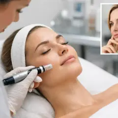 Ansiktsbehandling för mogen hud. En kvinna får microneedling för att förbättra hudens textur och lyster.