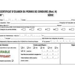 Certificat d'examen du permis de conduire, mention "INSUFFISANT" barrée, indiquant un échec à l'examen, ce qui empêche l'obtention du permis provisoire.