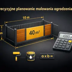Precyzyjne planowanie malowania ogrodzenia: wymiary 10m x 2m, powierzchnia 40m², kalkulator pokazuje 1080 zł.
