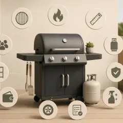 En klotgrill bäst i test, omgiven av ikoner som symboliserar familj, matlagning, säkerhet och rengöring. Perfekt för sommarens grillfester!
