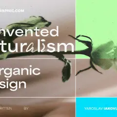 Reinvented Naturalism & Organic Design" is a visual exploration of nature's beauty, featuring blue hydrangeas, a rose, and wood grain.