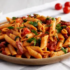 Penne w kremowym sosie pomidorowym z suszonymi pomidorami i bazylią. Pyszne makaron po toskańsku, gotowe do podania.