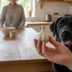 Un perro negro mira atentamente mientras le ofrecen un ajo. ¿Sabías que los perros pueden comer ajo?
