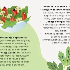 Miseczka pełna zdrowych warzyw: brokuły, pomidory, pieczarki. Lista korzyści: wzmacniają odporność, poprawiają wzrok, dbają o kości, dodają energii i chronią serce.