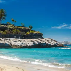 Arena dorada, aguas turquesas y palmeras en la caleta de Adeje. Al fondo, un horizonte urbano bajo un cielo azul intenso.