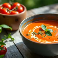 En skål med krämig tomatsoppa, garnerad med grädde och basilika. Bredvid syns färska tomater och gröna blad, perfekt för ett enkelt tomatsoppa recept.