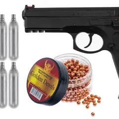 Pistolet CZ 75 SP-01 Shadow, naboje CO2 i śrut Golden Devils – różne rodzaje wiatrówek i akcesoriów.