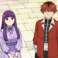 Zwei Charaktere, ein Mädchen mit lila Haaren und ein Junge mit roten Haaren, stehen nebeneinander. Sie scheinen auf etwas zu warten, vielleicht auf die nächste Folge von "Frieren: Staffel 2".