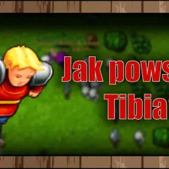 Postać z gry tibia w czerwonej tunice i niebieskich spodniach, obok napis "Jak powstała Tibia?".