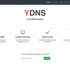 Strona YDNS oferuje darmowy hosting DNS, w tym dynamiczny DNS, niestandardowe domeny i łatwość użycia.