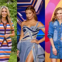 Trzy polskie aktorki w stylizacjach: w pasiastej sukience, sukni z denimu i jeansowej sukience.