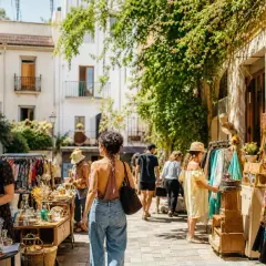 Gente comprando ropa y objetos decorativos en un animado rastro de Valencia, bajo la sombra de árboles frondosos.
