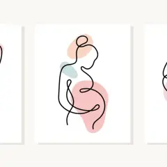 Trzy minimalistyczne grafiki: termometr, ciężarna kobieta i wózek dziecięcy. Opowiadają historię, jak robi się dzieci.