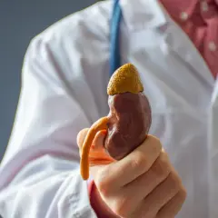 Lekarz trzyma model nerki, ilustrujący problem kamicy nerkowej.