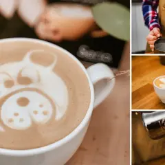 Kolaż zdjęć: biała filiżanka kawy z pianką w kształcie misia, barista nalewający kawę, dwie filiżanki kawy latte.