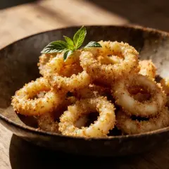 Knusprige calamari fritti in einer rustikalen Schale, garniert mit frischer Minze. Ein Genuss für die Sinne.