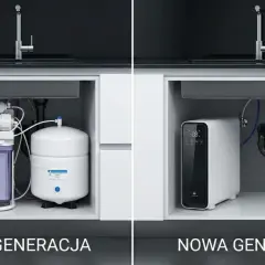 Porównanie rodzajów filtrów do wody: stara generacja z wieloma elementami i nowa, kompaktowa jednostka.