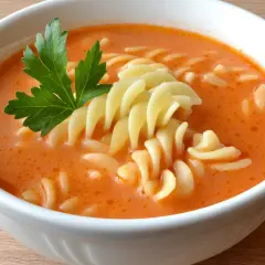 Najlepsza zupa pomidorowa przepis babci: aromatyczny, kremowy bulion z makaronem w kształcie spirali i świeżą natką pietruszki.
