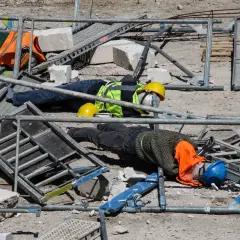 Dwa manekiny leżą na placu budowy wśród rusztowań i gruzu. Jeden ma żółty kask, drugi niebieski. Widać ich ubrania robocze i pomarańczowe kamizelki.