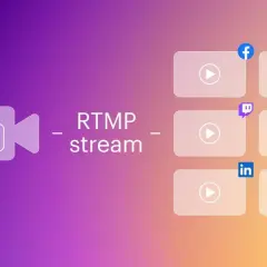 A camera icon signifies an RTMP stream being sent to multiple platforms like Facebook, YouTube, Twitch, Twitter, LinkedIn, and Rumble.