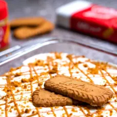 Postre cremoso decorado con galletas y caramelo, con un tarro y paquete de **lotus biscoff ingredients** al fondo.