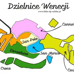 Kolorowa mapa przedstawiająca dzielnice Wenecji: Cannaregio, Castello, Dorsoduro, San Marco, San Polo i Santa Croce.