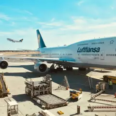 Lufthansa bagaż podręczny czeka na załadunek obok gigantycznego Boeinga 747-400 na lotnisku.