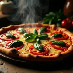 Gorąca pizza margherita z pomidorami i bazylią, parująca na drewnianym blacie. Idealne składniki na pizzę.