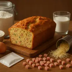 Un cake salé moelleux, prêt à être dégusté, avec ses ingrédients : farine, œufs, fromage, jambon, lait et épices.