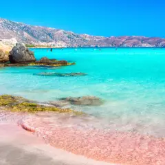 Różowa plaża Kreta z turkusową wodą i skalistym wybrzeżem. W oddali widać góry i kąpiących się ludzi.