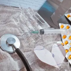 Stetoskop, ampułki, strzykawka i tabletki na liście leki przeciwzakrzepowe. Serce z EKG.